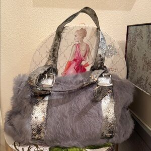 Gray Faux Fur Handbag with Silver Accents